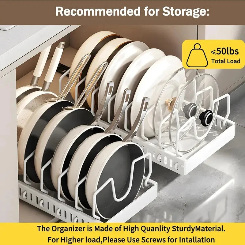 Pot Lid & Cookware Pull Out Storage Rack with Adjustable Dividers