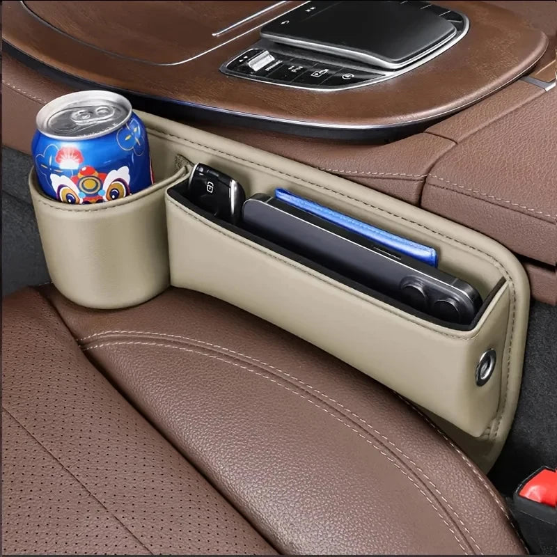 Leather Car Seat Gap Organizer with Cup Holder & Storage