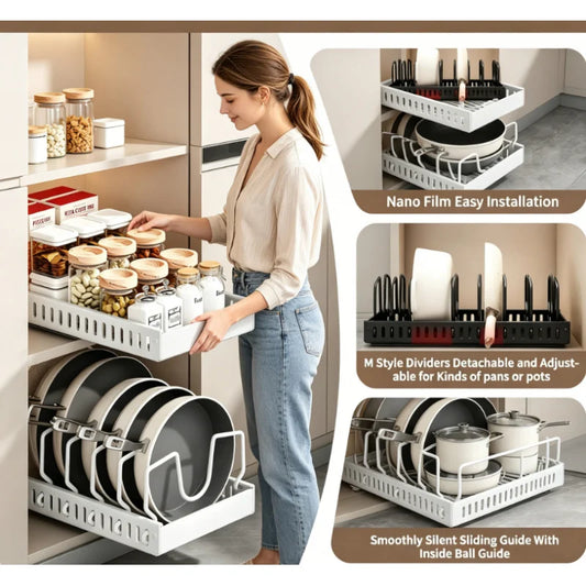 Pot Lid & Cookware Pull Out Storage Rack with Adjustable Dividers