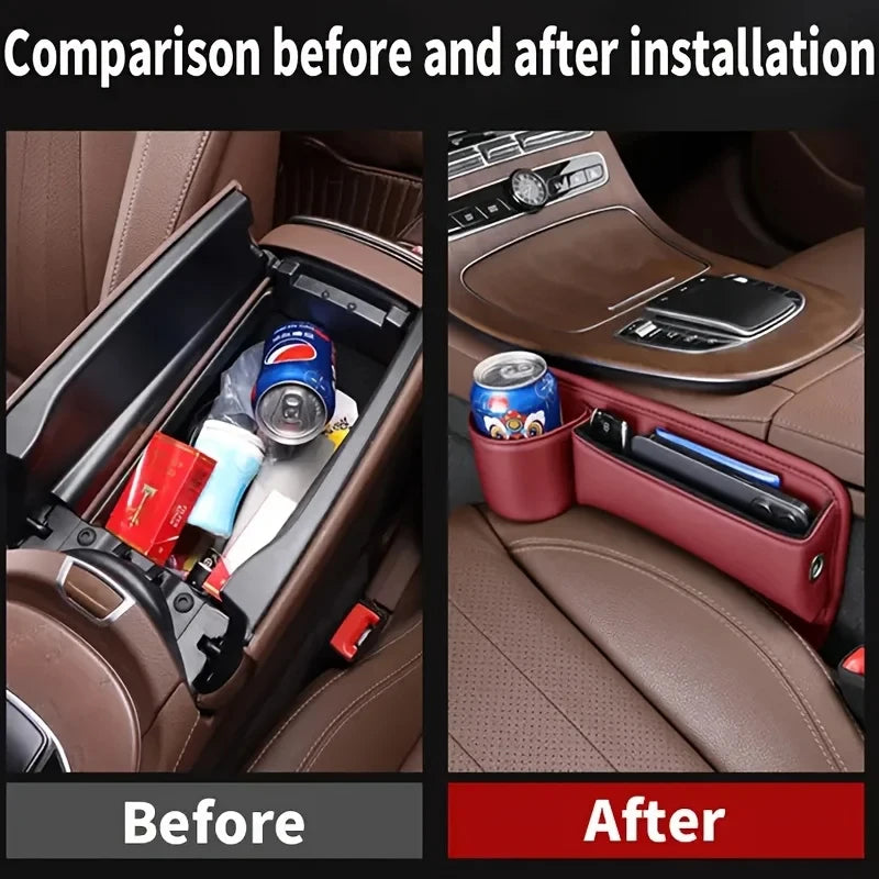 Leather Car Seat Gap Organizer with Cup Holder & Storage
