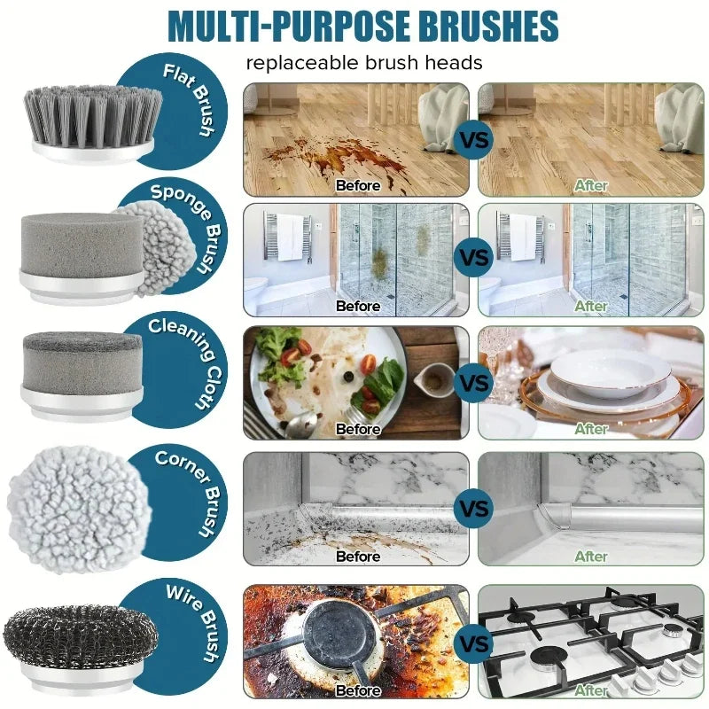 Electric Cordless Power Scrubber with 5 Replaceable Brush Heads