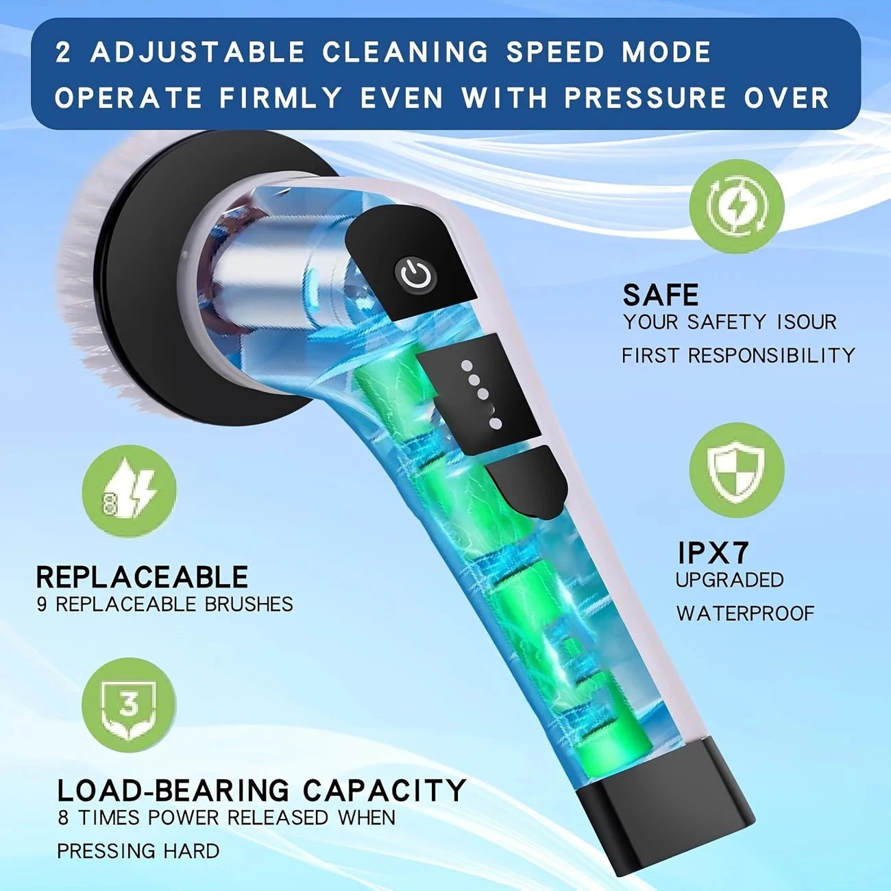 Wireless Electric Rotary Scrubber with 8 Brush Heads