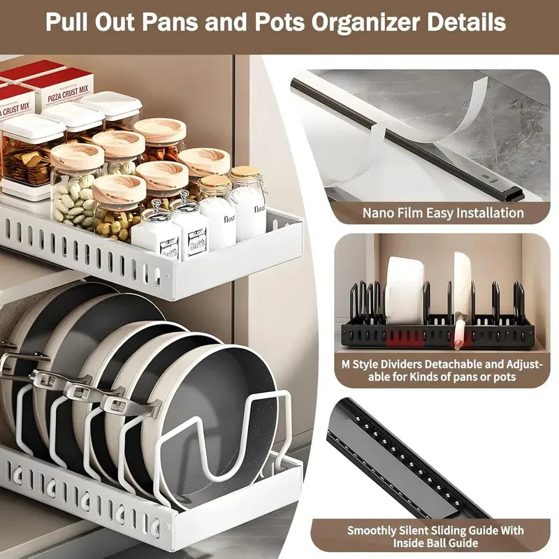 Pot Lid & Cookware Pull Out Storage Rack with Adjustable Dividers
