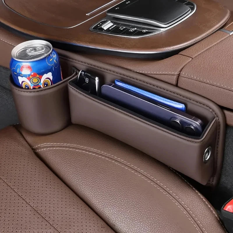 Leather Car Seat Gap Organizer with Cup Holder & Storage