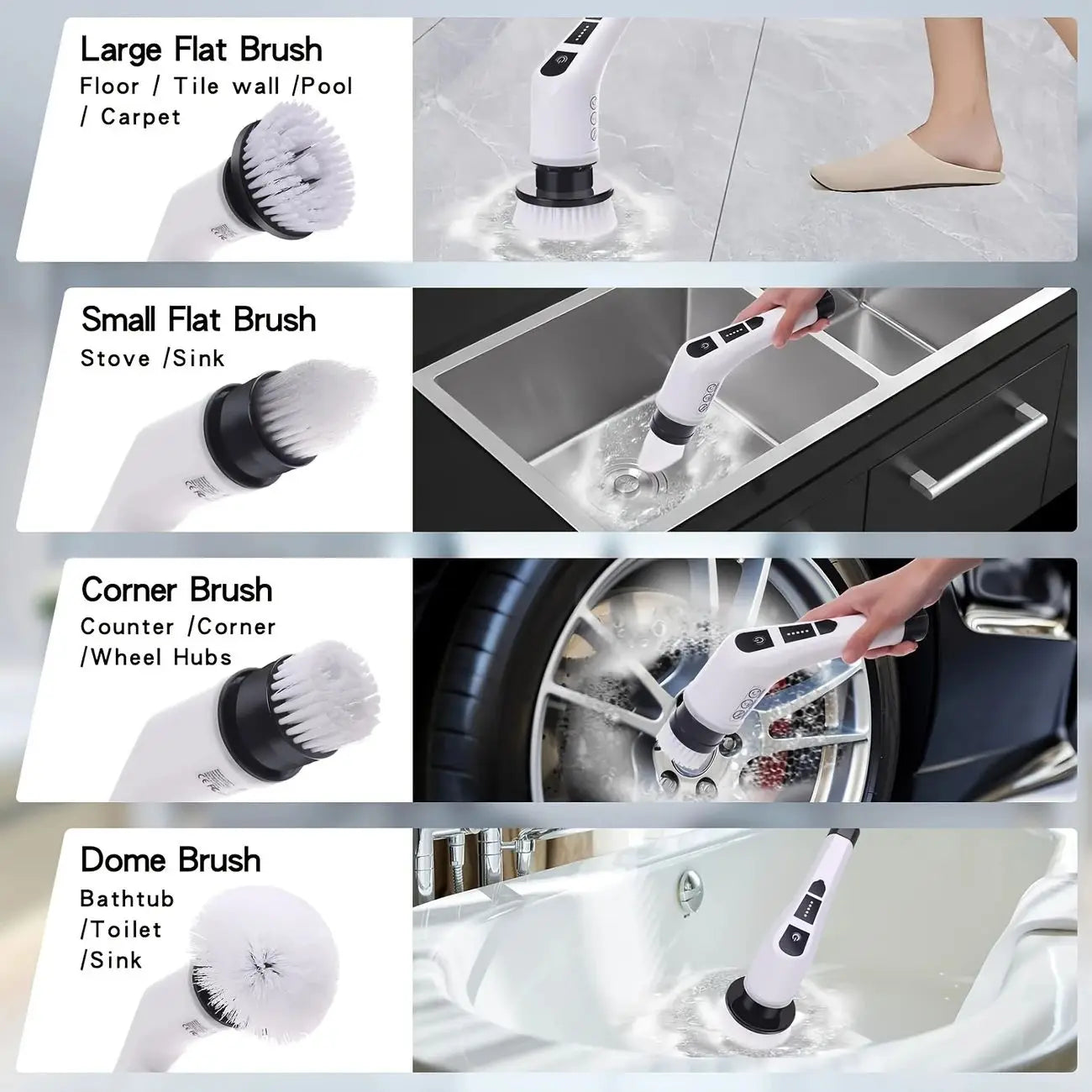 Wireless Electric Rotary Scrubber with 8 Brush Heads